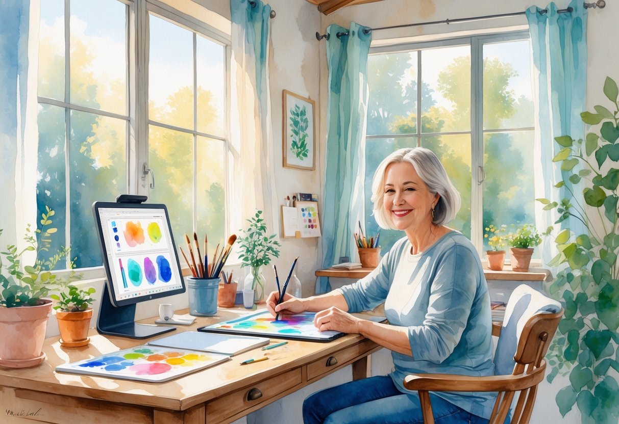 A middle-aged person sitting at a desk in a sunlit room surrounded by art supplies and a digital drawing tablet, with plants and trees visible outside the window.