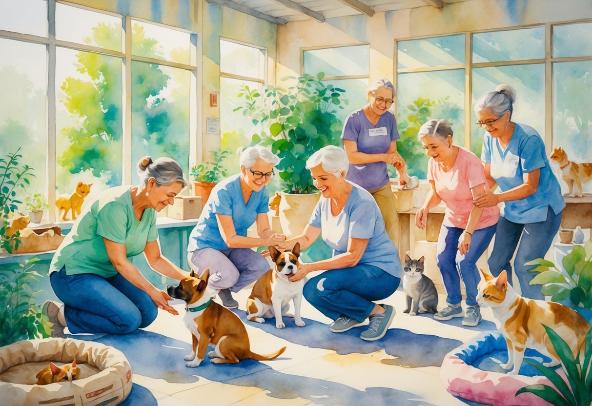 A group of adults caring for dogs and cats inside a bright animal shelter, showing kindness and connection.
