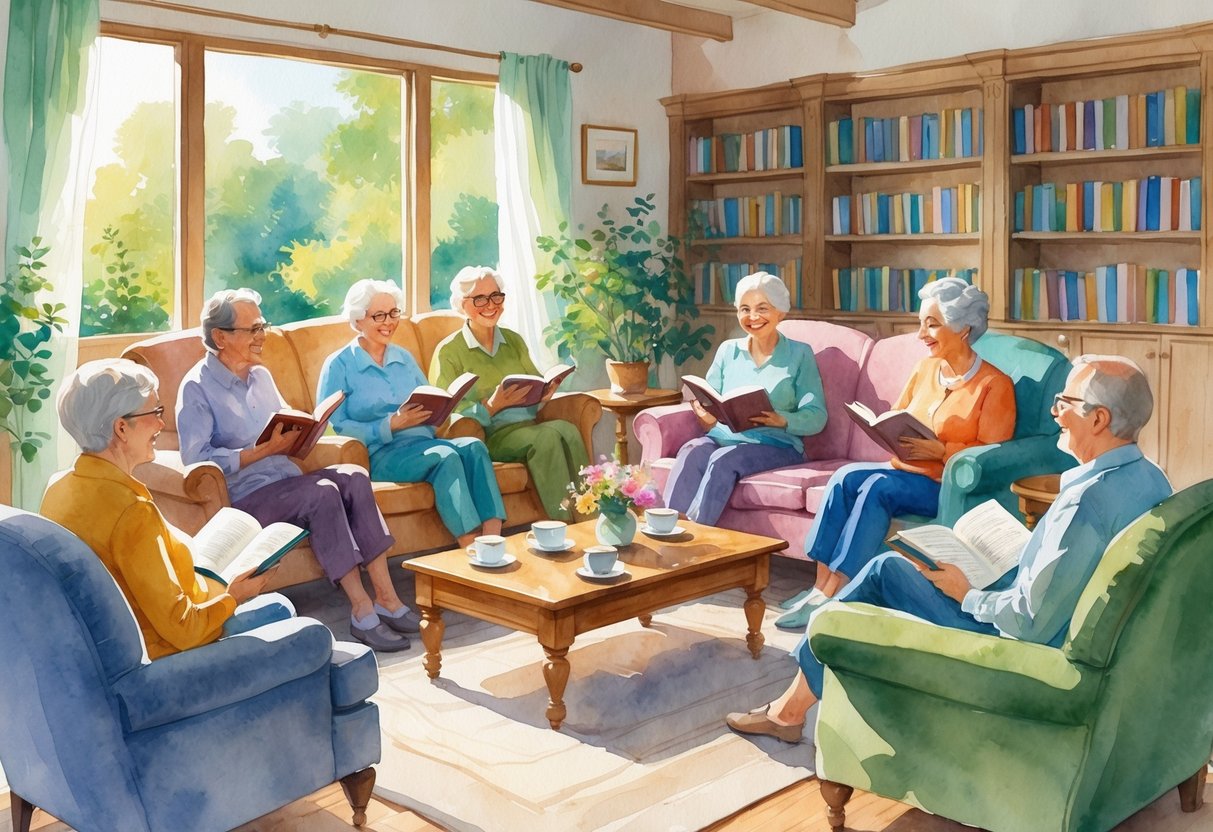 A group of older adults sitting together in a cozy living room, reading books and talking around a coffee table.