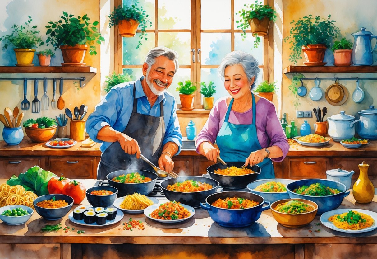 An older couple cooking together in a warm, colorful kitchen filled with ingredients from different international cuisines.