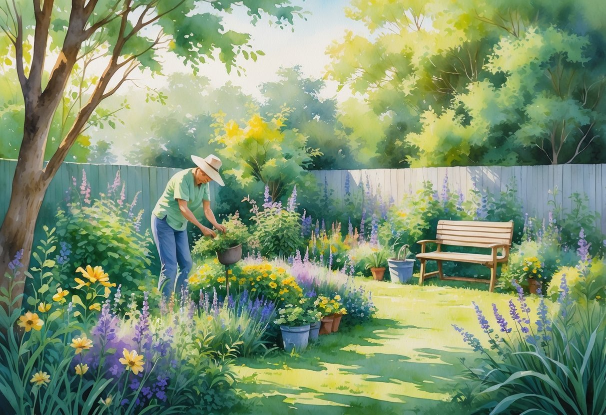 A person gardening in a backyard filled with colorful native plants and flowers under soft sunlight.