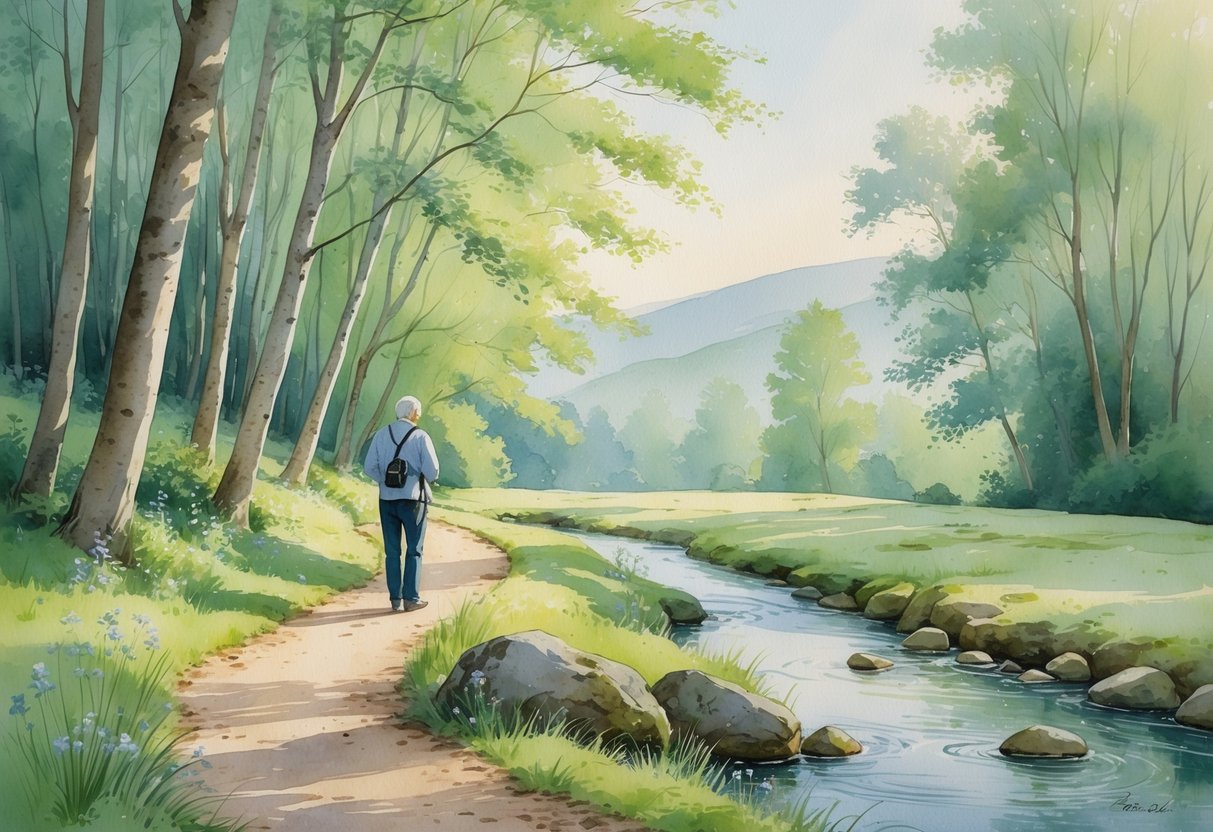 A person on a forest trail stopping to photograph a wildflower near a stream surrounded by trees and hills.