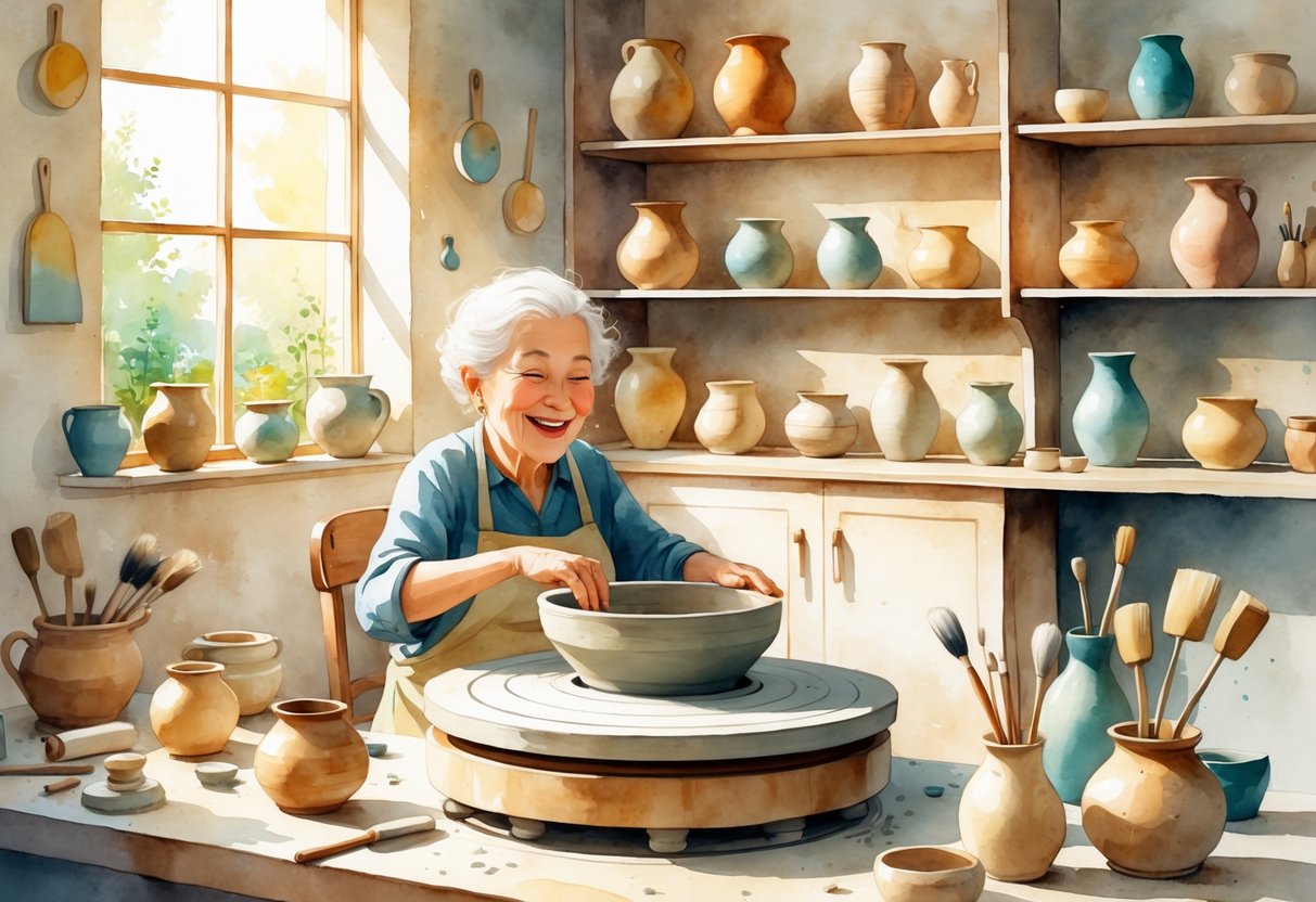 An elderly person shaping clay on a potter's wheel in a pottery studio filled with ceramic pieces and natural light.