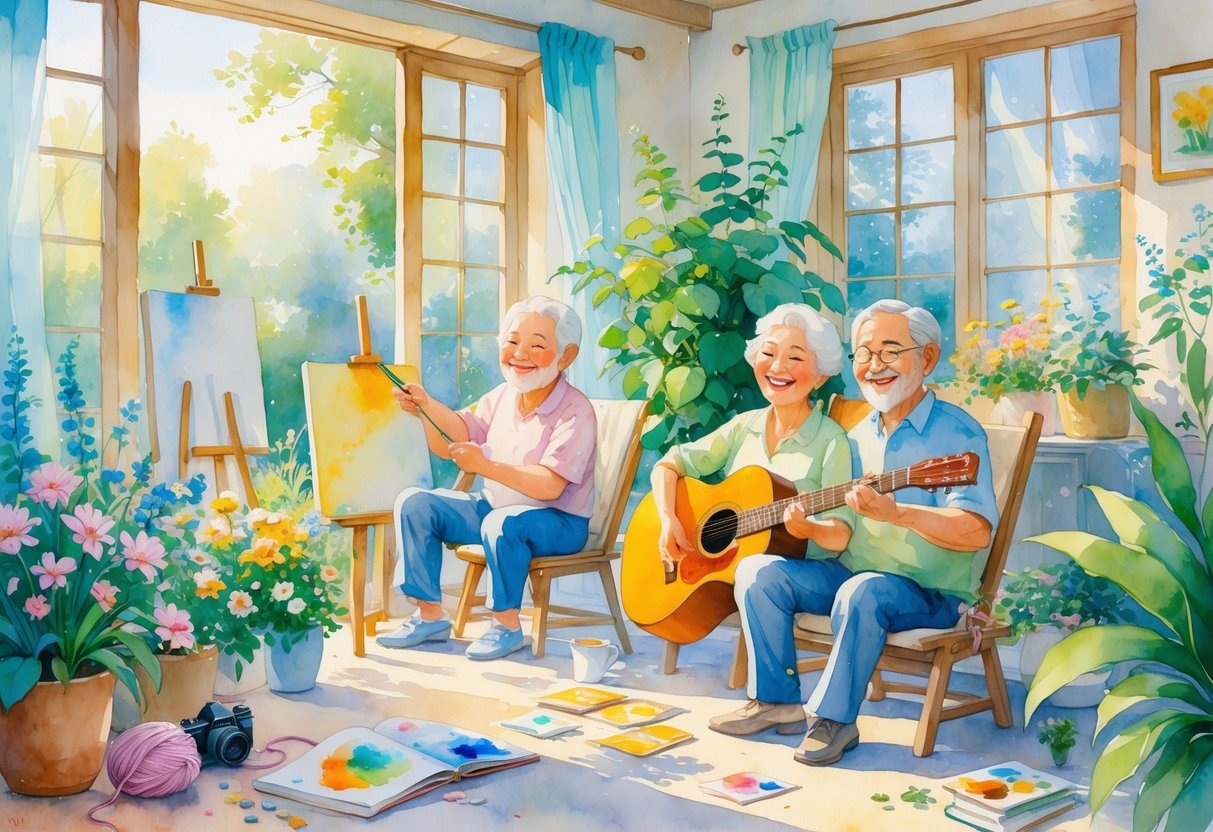 An older couple enjoying different hobbies together in a bright room filled with plants and sunlight.