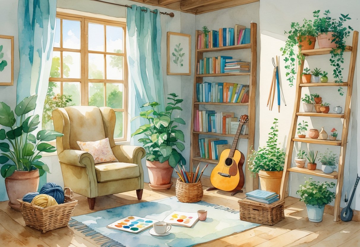 A cozy sunlit room with an armchair, art supplies, knitting basket, guitar, bookshelves, and plants, creating a peaceful atmosphere for exploring hobbies.