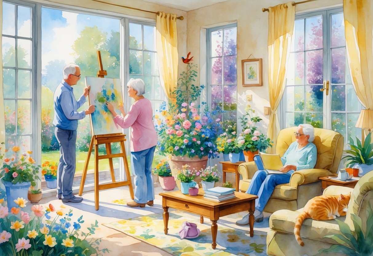 An older couple enjoying hobbies like painting, gardening, and knitting in a sunlit living room overlooking a garden.