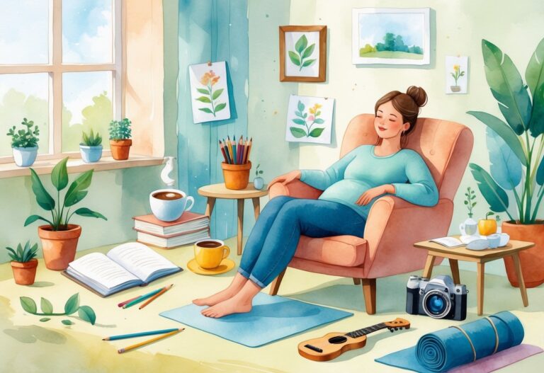 A new parent sitting peacefully in a cozy room surrounded by items representing hobbies like gardening, reading, drawing, tea, knitting, meditation, photography, yoga, music, and puzzles.