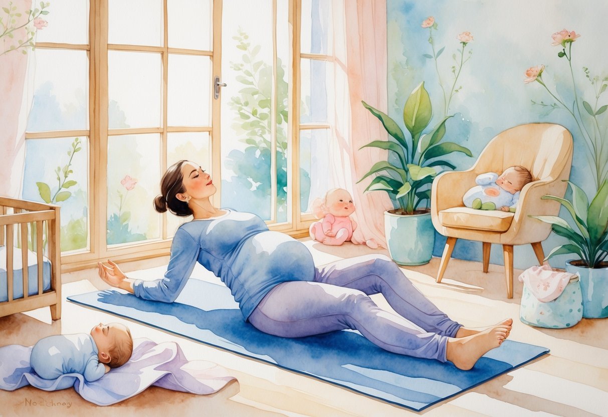 A new parent doing yoga stretches on a mat in a bright, cozy room with baby items nearby.