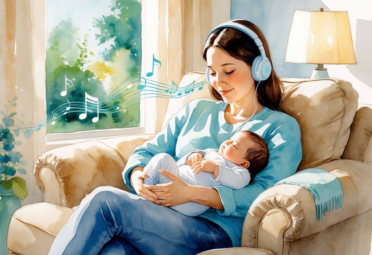 A new parent sitting in a cozy room holding their baby and listening to music with headphones, surrounded by soft light and a peaceful atmosphere.