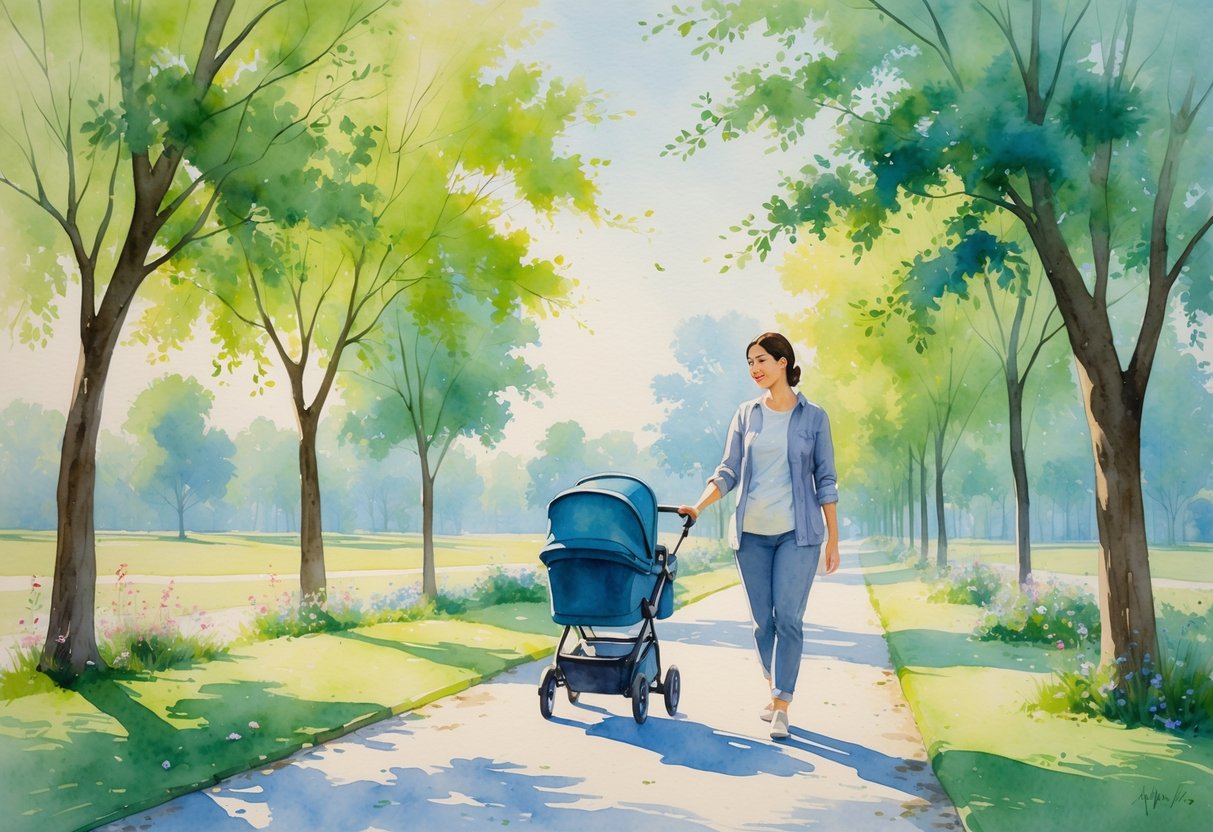 A parent walking outdoors pushing a stroller along a tree-lined path in a park.