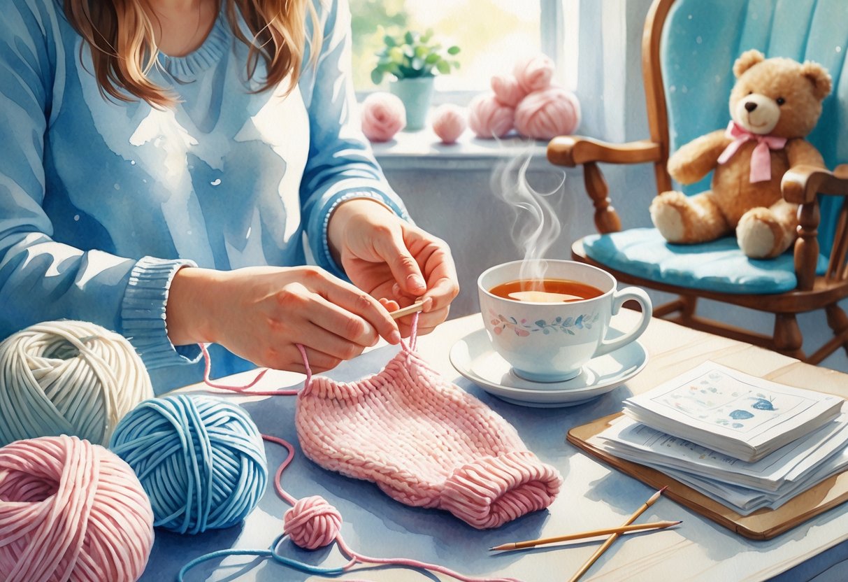 Hands knitting a small baby sweater with yarn on a table near a cup of tea, with a cozy nursery corner in the background.
