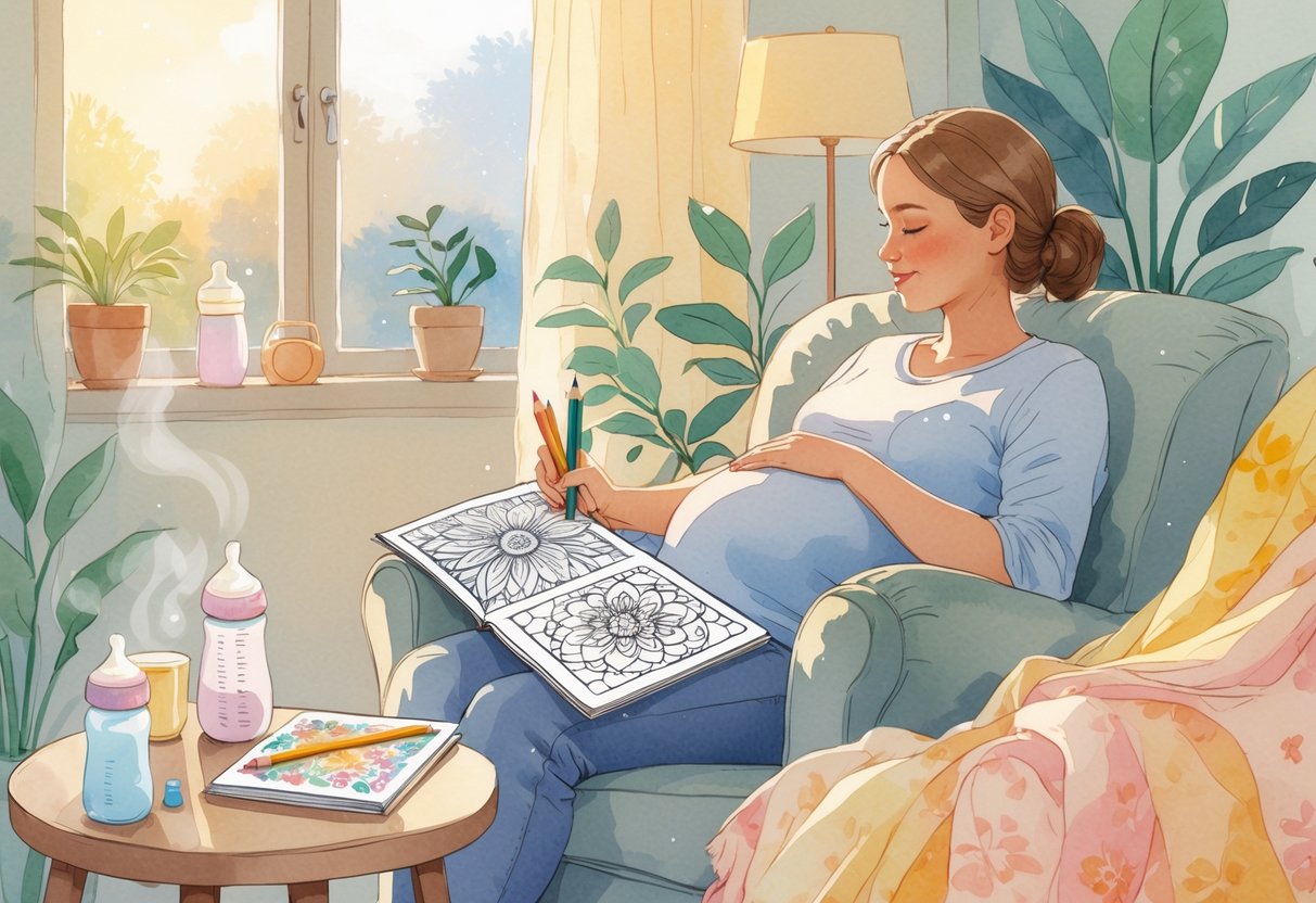 A new parent sitting in a cozy room, coloring in an adult coloring book with colored pencils nearby, surrounded by baby items and plants.