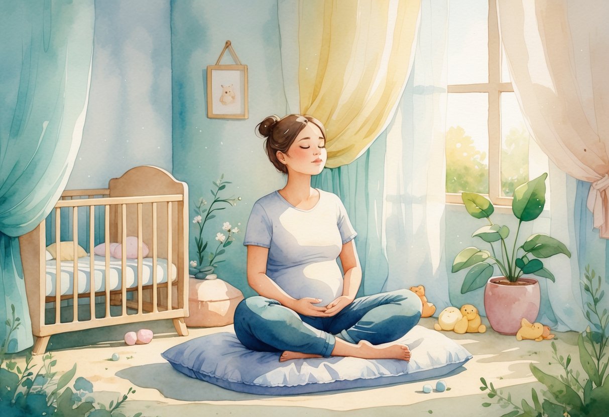 A new parent sitting cross-legged on a cushion in a nursery, meditating peacefully with a baby crib and toys nearby.