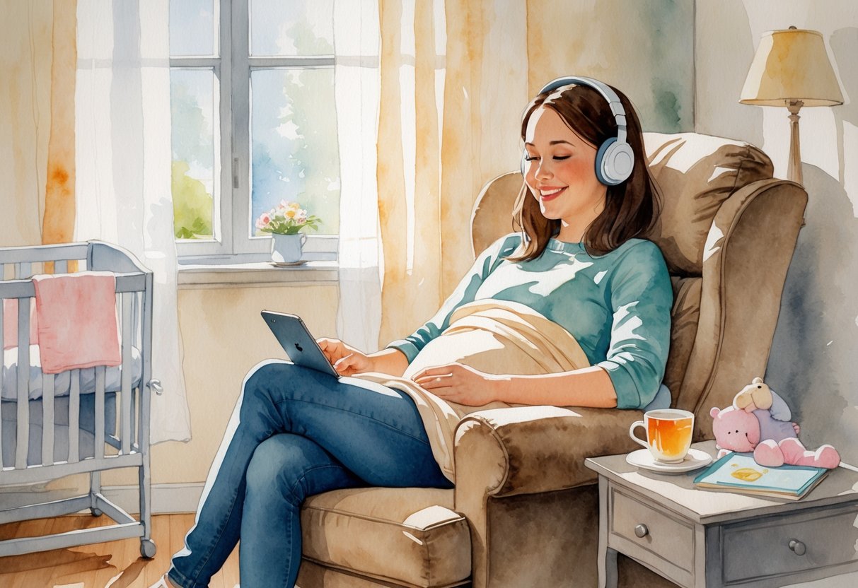 A new parent sitting in a cozy living room, wearing headphones and smiling while listening to a podcast, with a baby crib nearby and soft sunlight coming through a window.