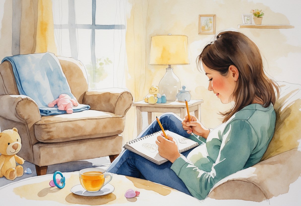 A new parent sitting in a cozy room, sketching in a notebook with baby items nearby.