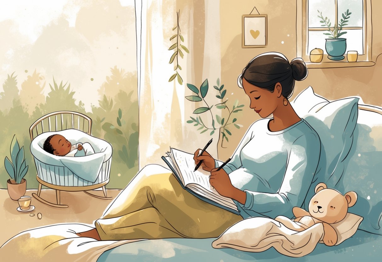 A new parent writing in a journal while their baby sleeps nearby in a cozy room with soft lighting.