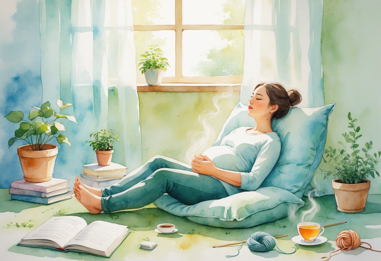 A new parent sitting peacefully on a cushion in a cozy room, surrounded by a plant, book, tea cup, and knitting materials, with sunlight coming through a window.