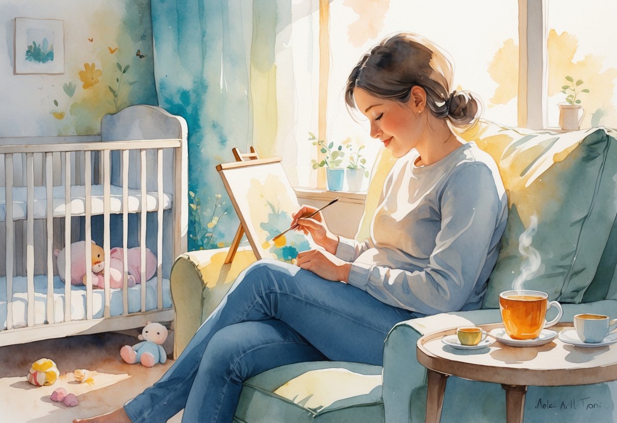 A parent sitting in a cozy living room, painting on a small canvas with a baby crib and toys nearby.