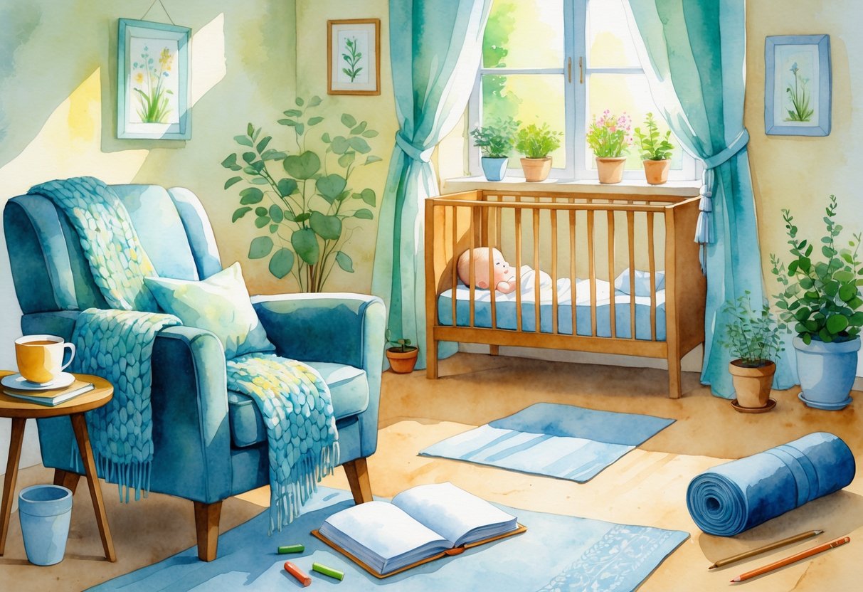 A cozy home interior with a comfortable chair, a table with tea and an open book, a baby crib in the background, and items like a sketchbook, knitting needles, a small herb garden, and a yoga mat arranged around the room.