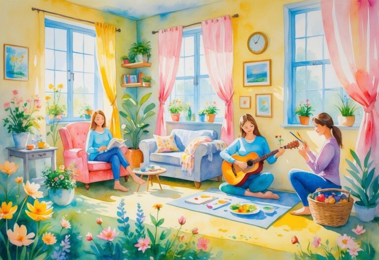 A cozy room showing people enjoying various hobbies like gardening, reading, painting, playing guitar, knitting, doing yoga, cooking, and photography.