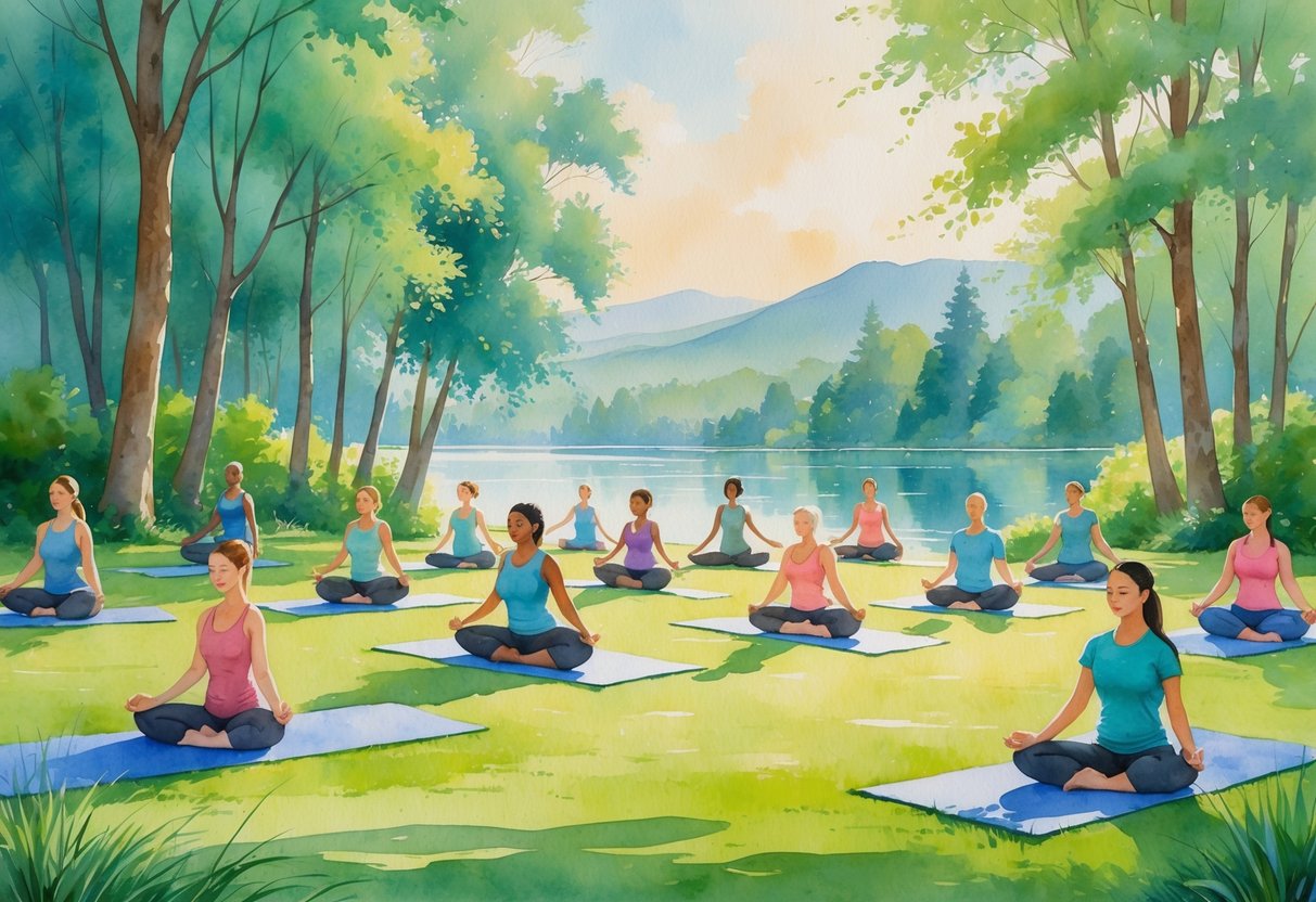 People of different ages and backgrounds practicing yoga and stretching outdoors in a peaceful park with trees, grass, a lake, and mountains in the background.