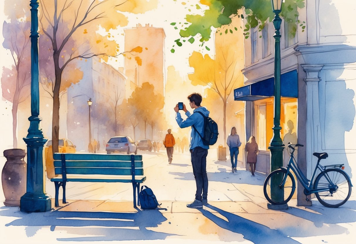 Person taking a photo with a smartphone on a city street during sunset, surrounded by urban elements like a bench, bicycle, and buildings.