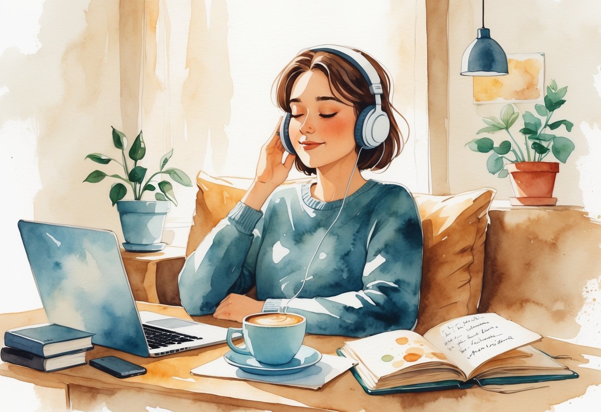 A person sitting indoors wearing headphones, surrounded by a laptop, notebook, coffee cup, books, and a potted plant, appearing focused and relaxed.