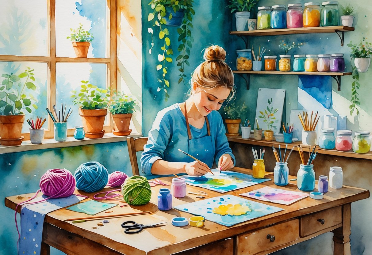 A cozy home workspace with craft supplies and a person working on a handmade project surrounded by plants and natural light.