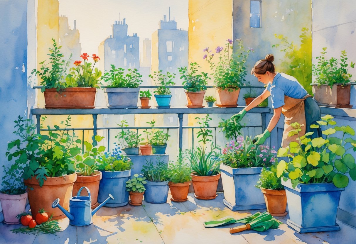 A person tending to potted plants on a small urban balcony garden with flowers and vegetables.