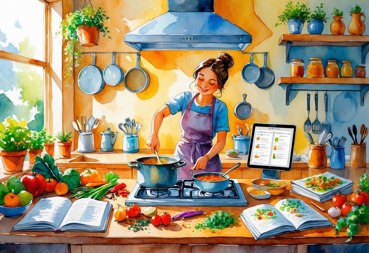 A person cooking in a warm kitchen surrounded by fresh ingredients and recipe books.