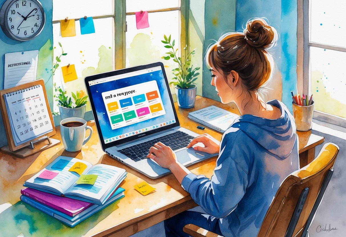 A person studying online language learning at a desk with a laptop, books, and coffee, surrounded by items indicating a busy schedule.