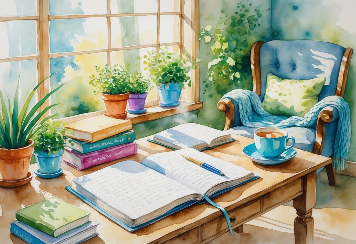A cozy writing nook with a desk by a window, an open journal with a pen, a cup of tea, potted plants, books, and a comfortable armchair with a blanket.