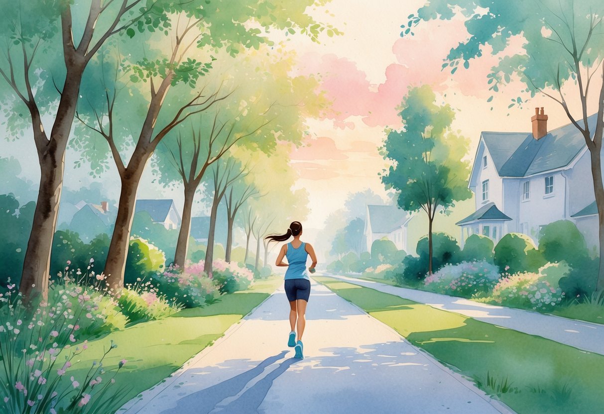 A person jogging or walking on a tree-lined path in a quiet neighborhood during early morning light.