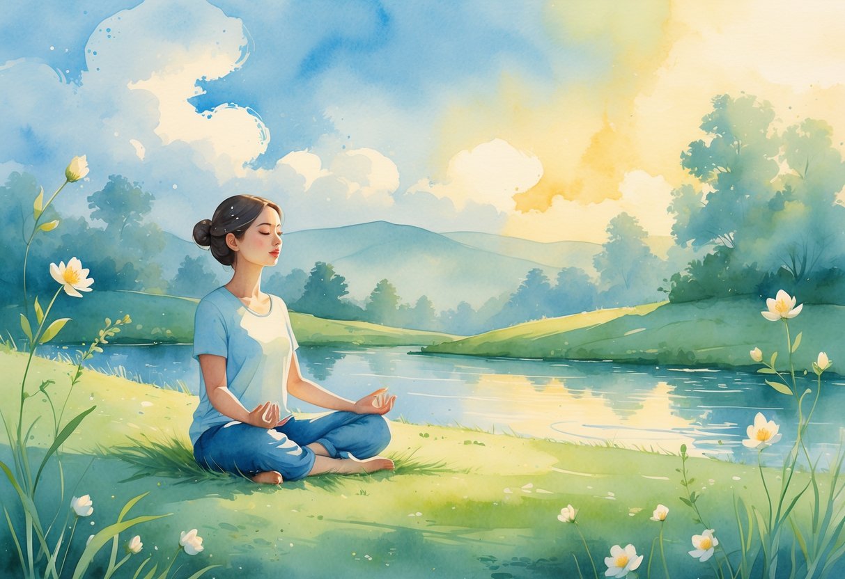 A person meditating cross-legged on a grassy hill at sunrise, surrounded by flowers, trees, and a calm pond.
