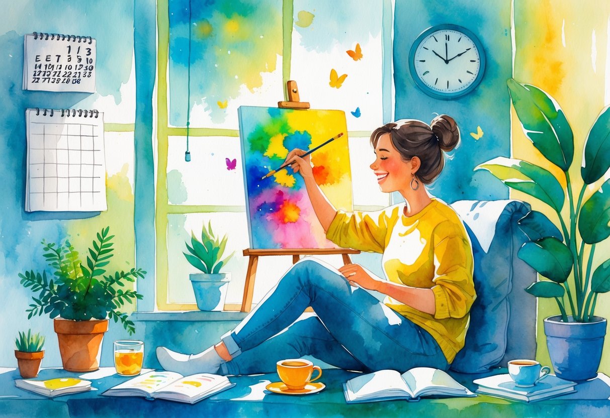 A person painting on a canvas in a cozy room with a clock, calendar, plant, tea cup, and book around them, showing a peaceful moment during a busy day.