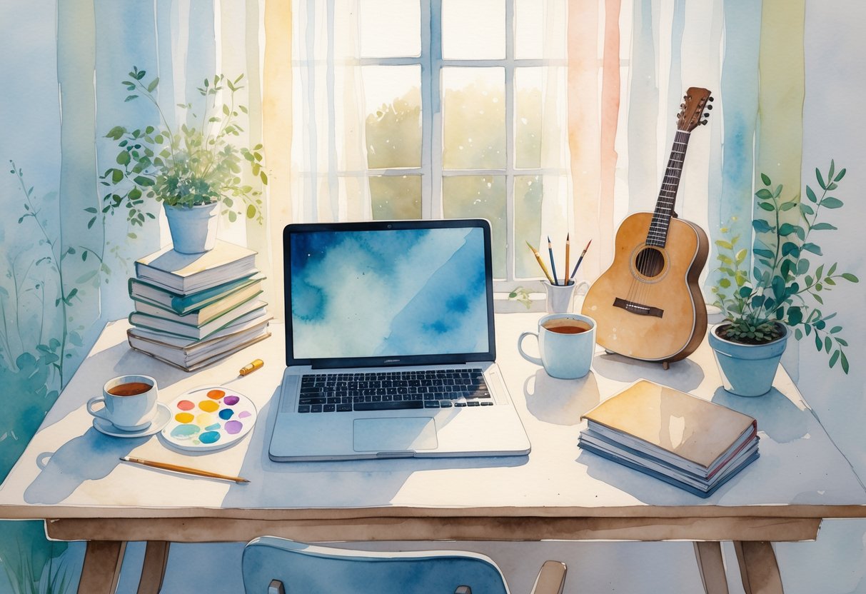 A cozy home workspace with a laptop, books, guitar, knitting materials, and a cup of tea near a window with soft morning light.