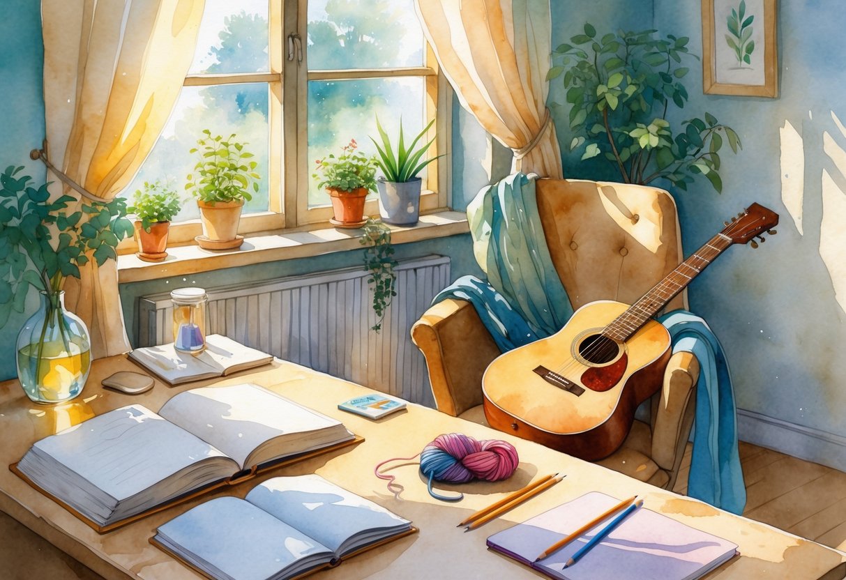A peaceful room with a person enjoying hobbies like reading, knitting, playing guitar, and drawing, bathed in warm natural light.