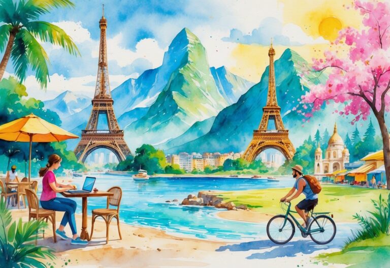 A collage of people engaging in various hobbies like working on a laptop, yoga, hiking, photography, painting, cooking, reading, cycling, meditating, and socializing in diverse outdoor settings around famous landmarks and nature.