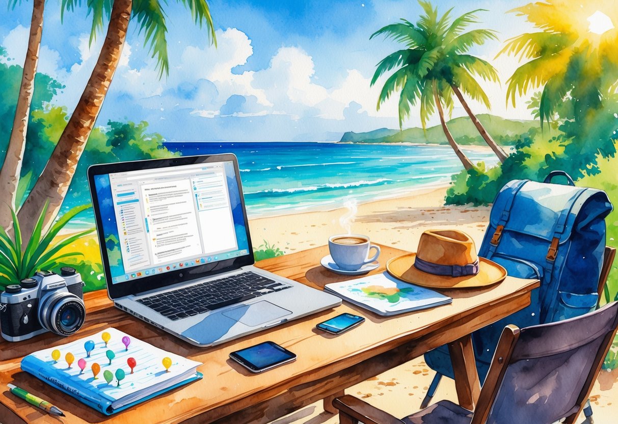 A workspace outdoors near a tropical beach with a laptop, notebook, coffee cup, camera, and travel items on a wooden table.