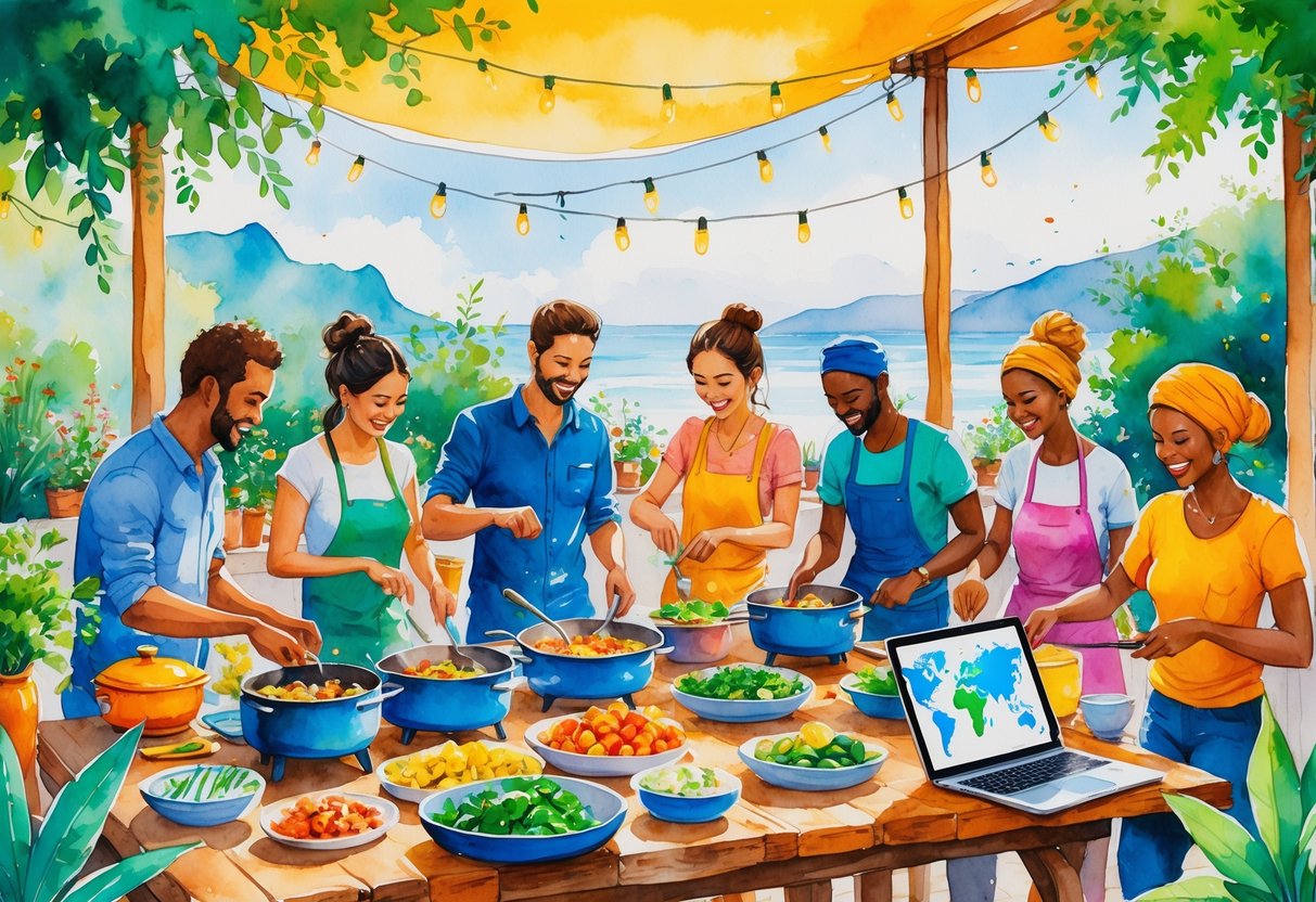 People cooking together outdoors with fresh ingredients and a laptop on a wooden table, surrounded by greenery and distant mountains.