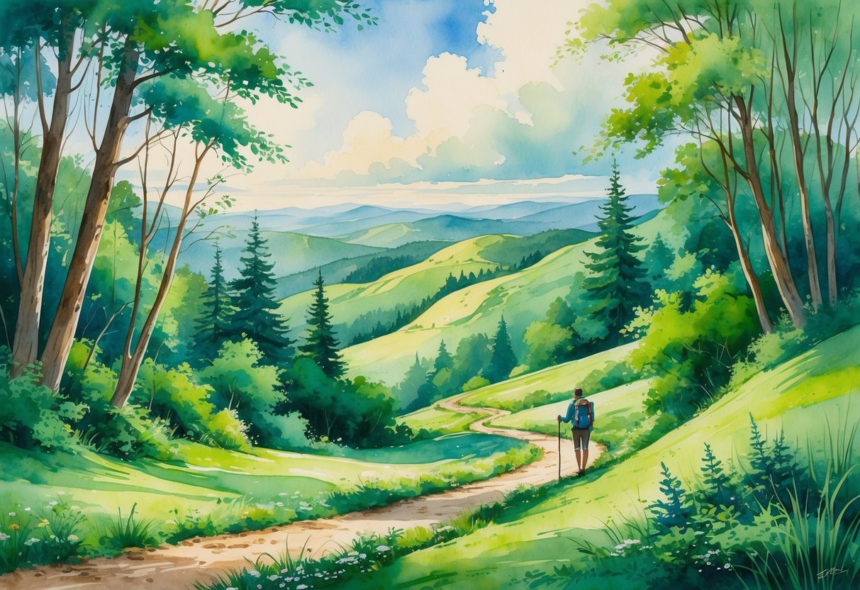 A hiker walking along a forest trail surrounded by trees, hills, and wildflowers under a partly cloudy sky.