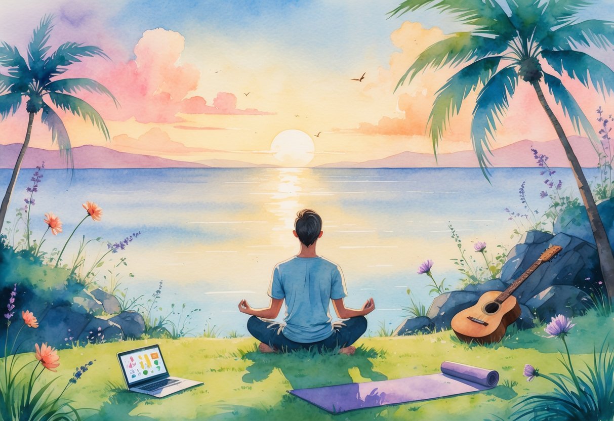 A person meditating on a grassy hill by the ocean at sunrise, surrounded by a laptop, sketchbook, camera, guitar, and yoga mat with wildflowers and palm trees nearby.