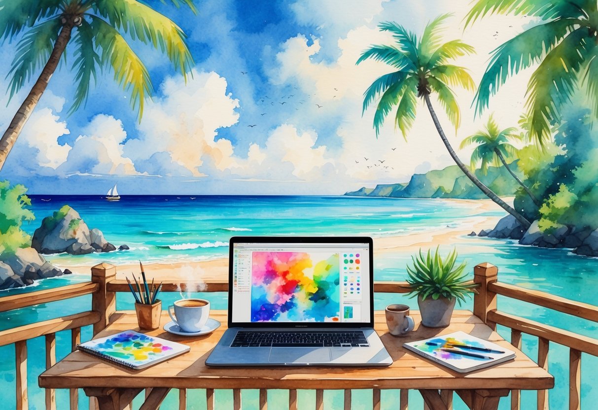 A peaceful outdoor workspace on a balcony overlooking a tropical beach with a laptop, art supplies, and a cup of coffee on a wooden table.