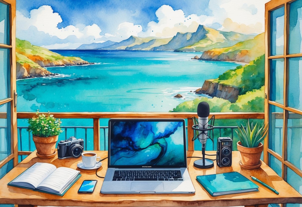 Outdoor workspace on a balcony overlooking the sea with a laptop, microphone, headphones, travel journal, camera, and sketchbook on a wooden table.