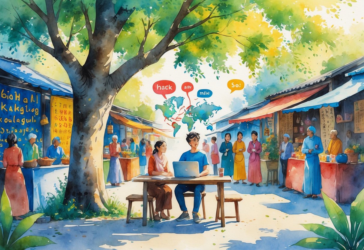 A traveler sitting outdoors with a laptop and notebook, practicing languages with local people in a colorful market setting surrounded by trees and cultural items.