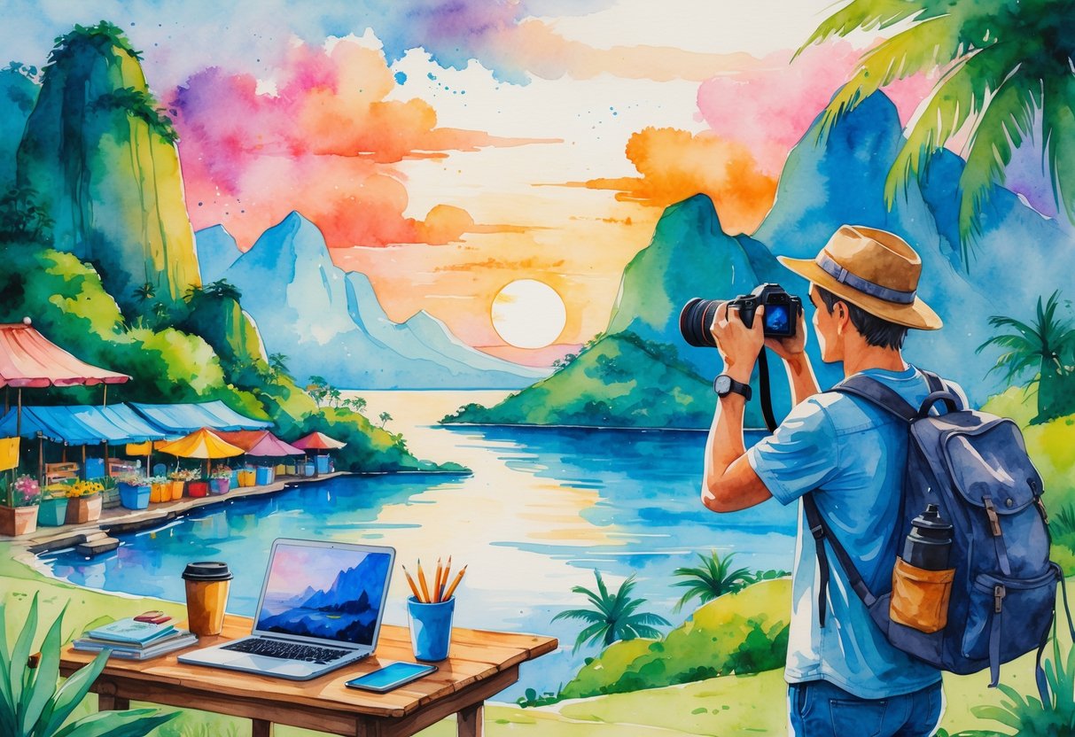 A person taking photographs outdoors near mountains and ocean during sunset, surrounded by travel gear and a small market scene.