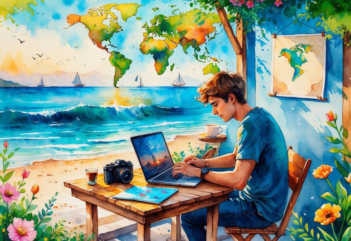 A person working on a laptop at an outdoor seaside café table surrounded by travel items like a camera and map, with the ocean and sailboats in the background.