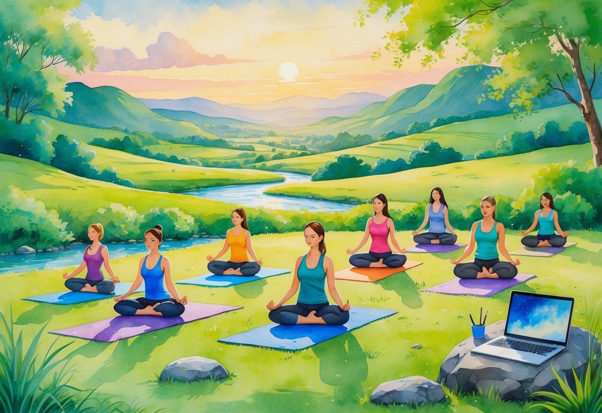 People practicing yoga and meditating outdoors in a peaceful natural landscape with hills, a stream, and travel items nearby.
