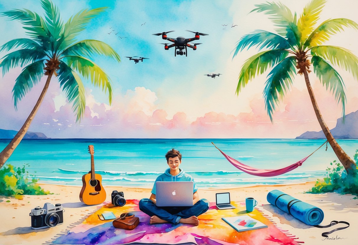 A person sitting on a beach with a laptop surrounded by a camera, sketchbook, guitar, yoga mat, and a drone, with palm trees and the ocean in the background.