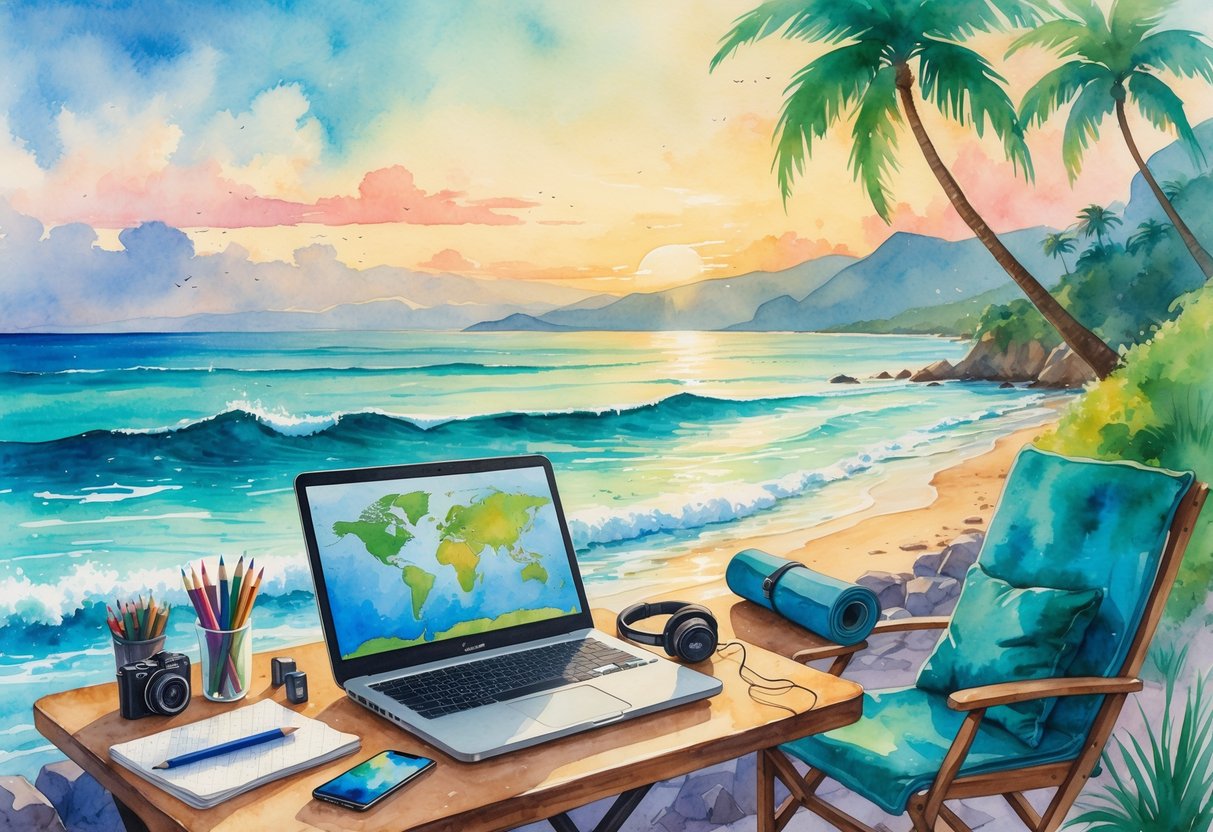 A peaceful outdoor café by the sea with a laptop, sketchbook, camera, yoga mat, and journal on the table, set against a sunset with mountains and palm trees in the background.